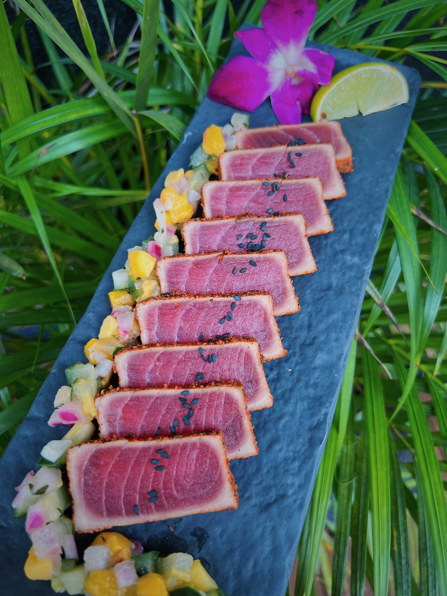 DON THE BEACHCOMBER’S SPICE SEARED AHI SAKU WITH A SWEET CHILI SOY EMULSION AND CUCUMBER MANGO PICO | DON THE BEACHCOMBER